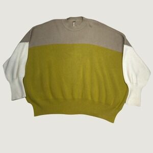 Free People Sweater Womens L Green Tan Colorblock Ribbed Oversized Pullover Boho